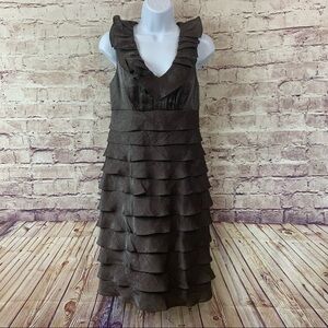 London Times Brown V Neck Tiered Shiny Sleeveless Formal Dress